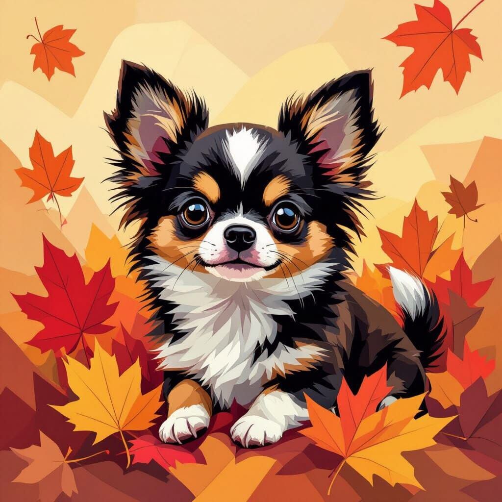 Cubist Chihuahua Among Autumn Leaves