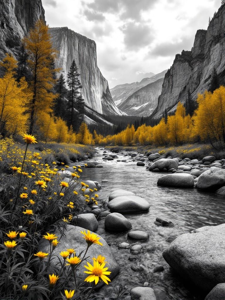 Golden Wildflowers Burst from Monochromatic River Landscape