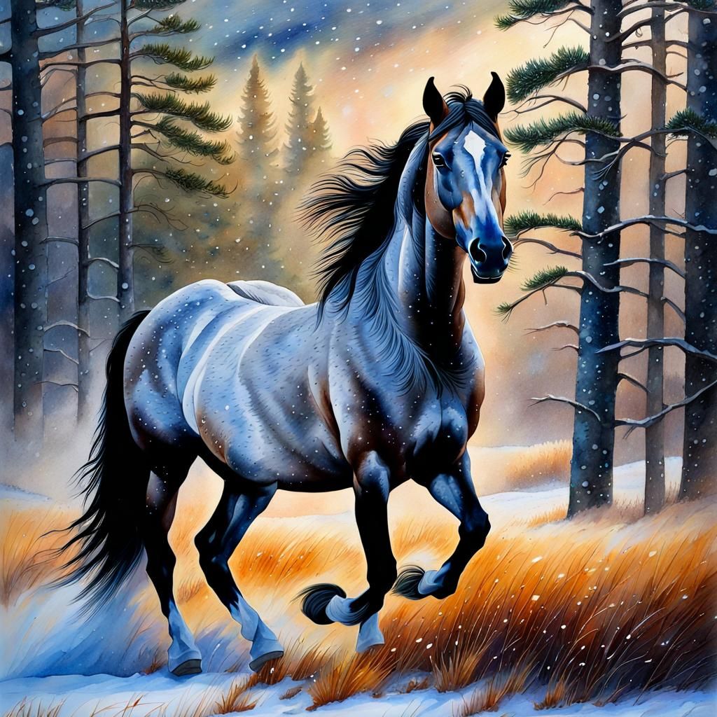 Roan Horse in Winter Prairie: Detailed Watercolor Art