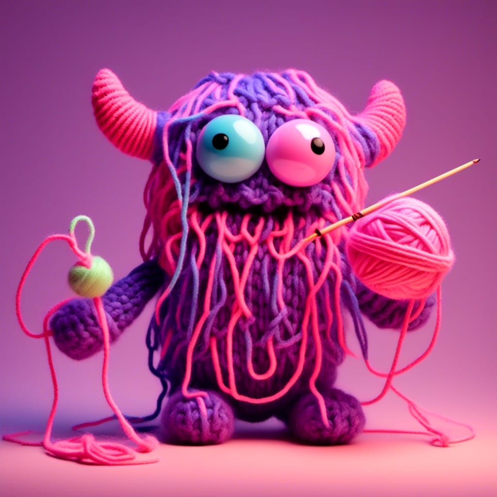 Yarn Monster Knitting a Sweater in Pop Surrealism