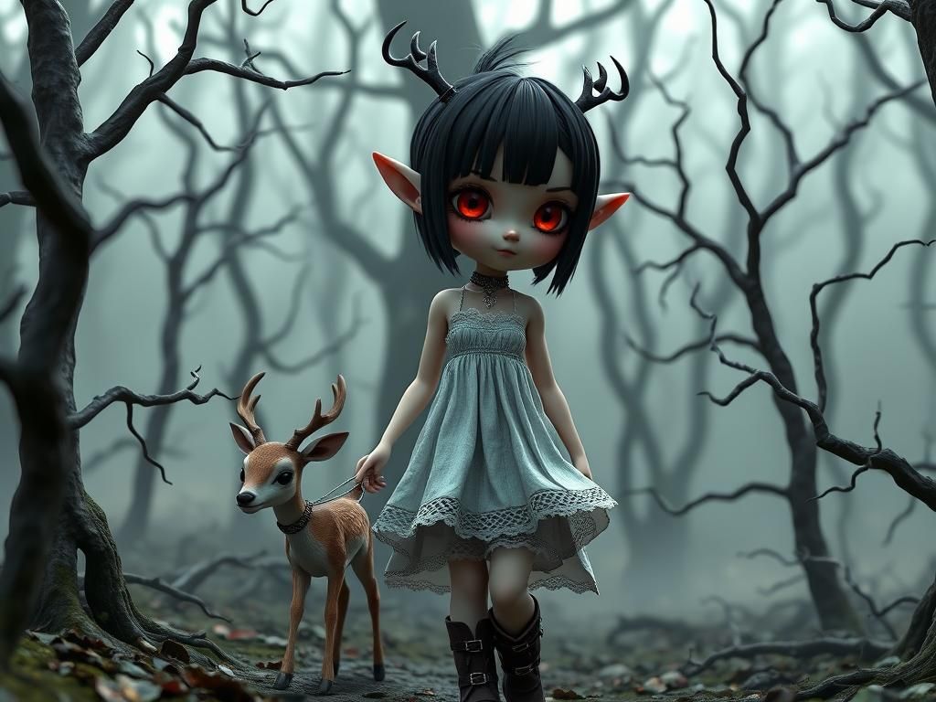 Gothic Elf Leads Deer Through Haunted Forest