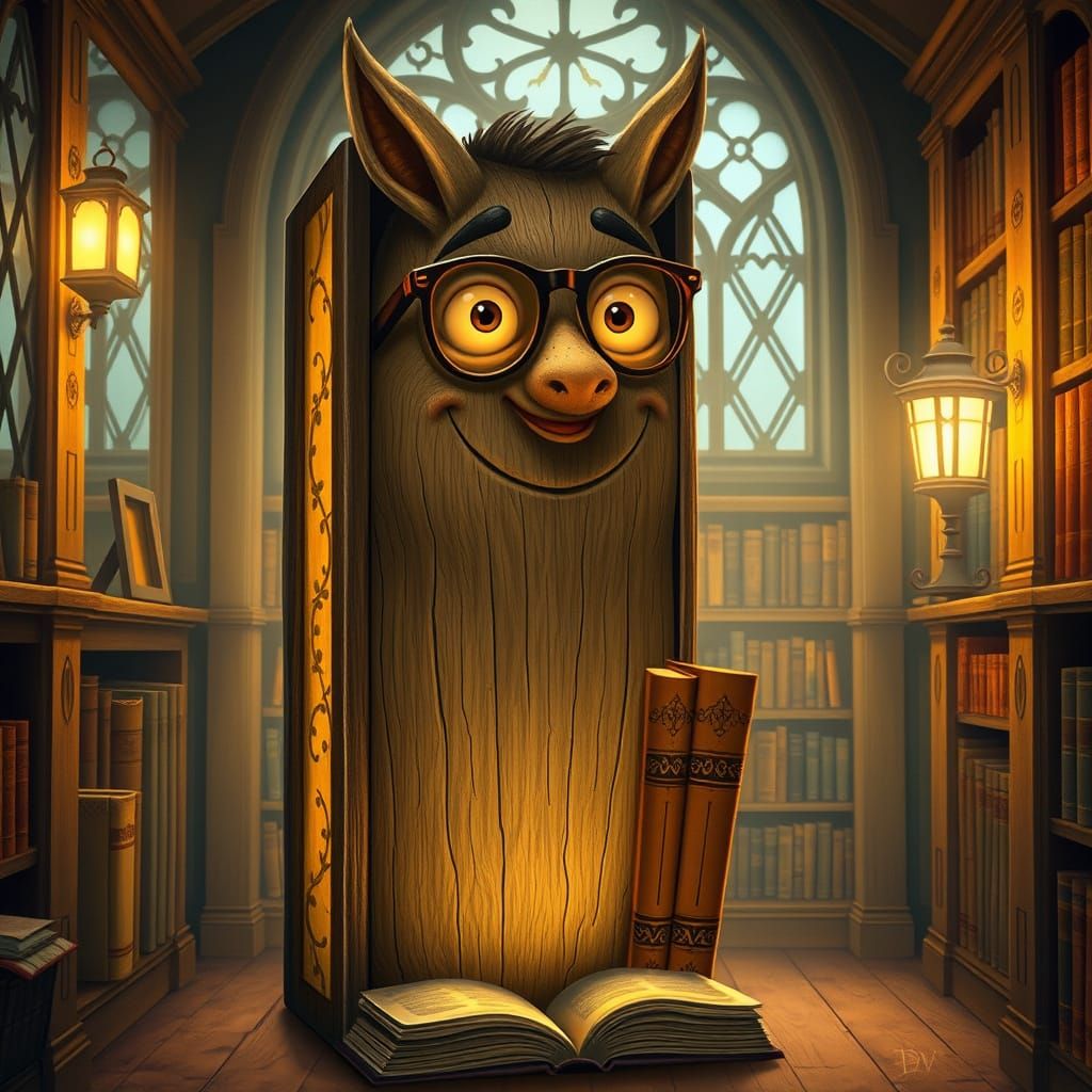 Whimsical Library Bookshelf with Sentient Wooden Nose