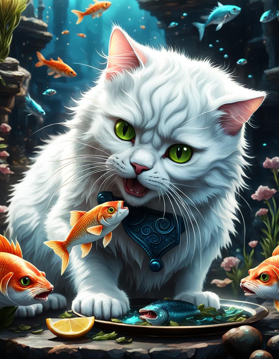 Cute White Cat Eating Fish in Detailed Painting