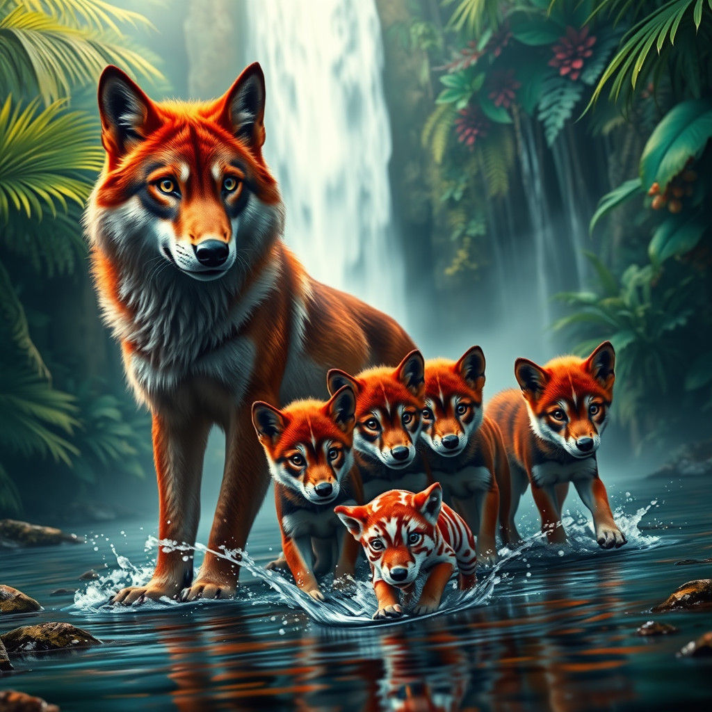 Fiery Red Wolf and Pups in Jungle Waterfall