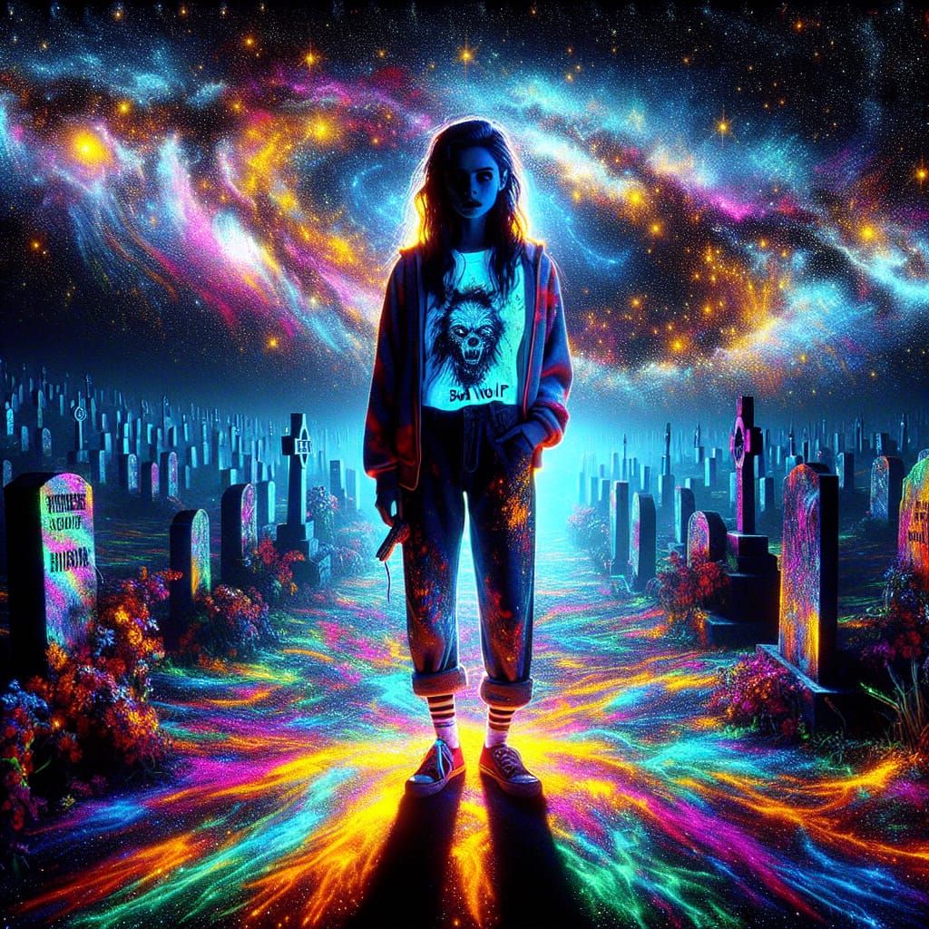 Ghostly Woman in Cemetery Void: Neo-Expressionist Astral Ill...