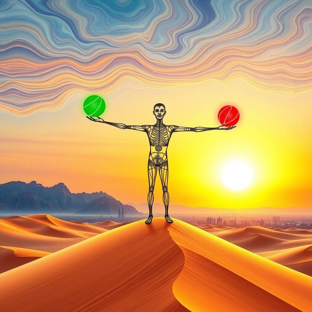 Psychedelic Wire Figure in Golden Hour Sahara Desert Landsca...
