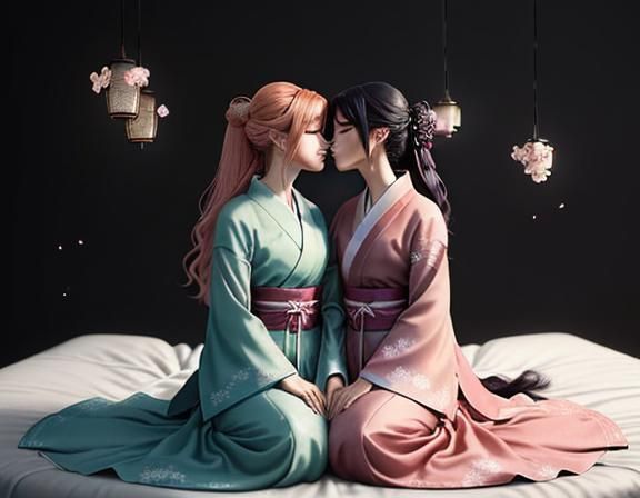 Kitsune Twins Kissing: Manga-Style Digital Painting