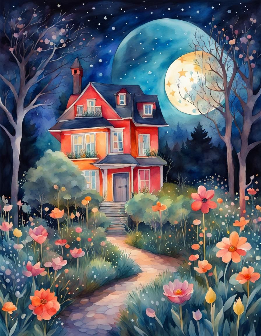 Vivid Watercolor Night Garden with Moon and Stars