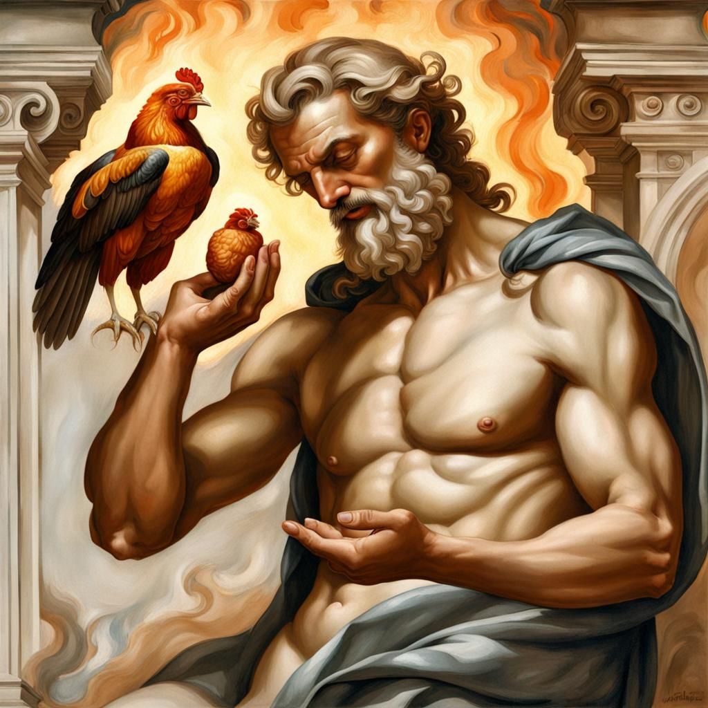 Prometheus Gives Fire to Chicken: Renaissance Fresco