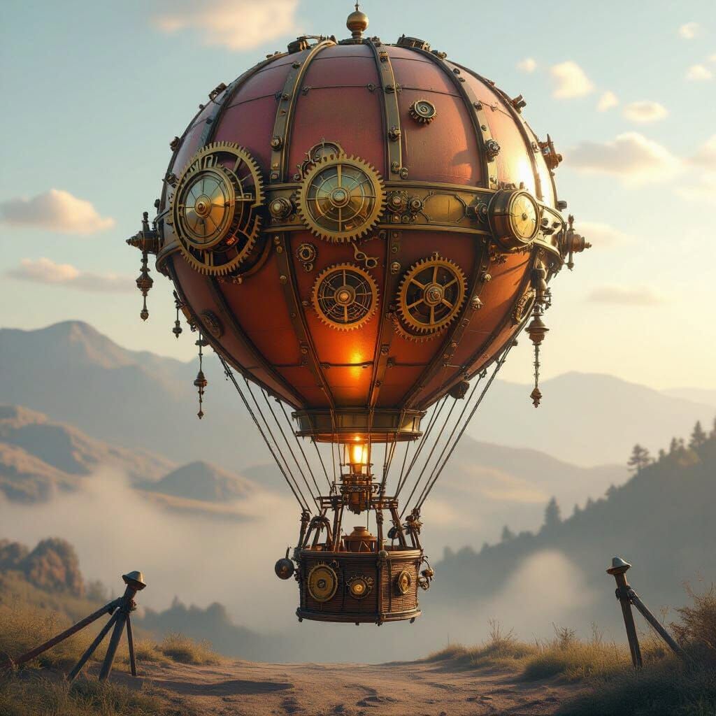 Intricate Steampunk Hot Air Balloon Tethered Above Ground