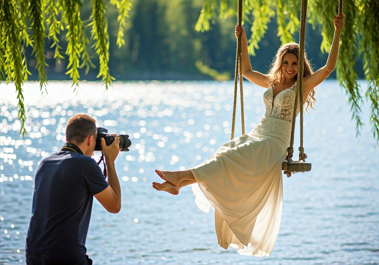 Happy Barefoot Bride on Tree Swing in Summer