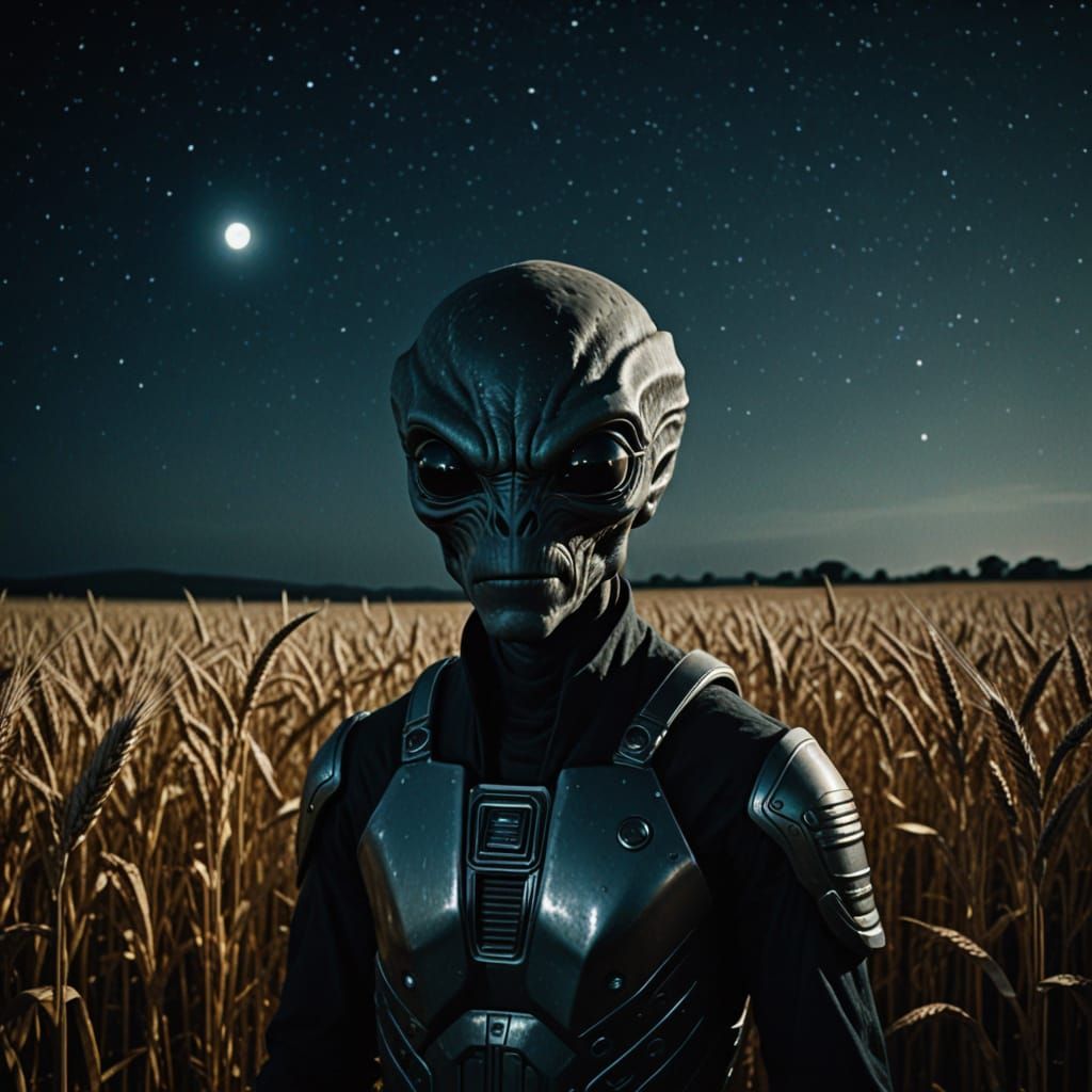 Grey Humanoid Alien in Wheat Field at Night with Spaceship