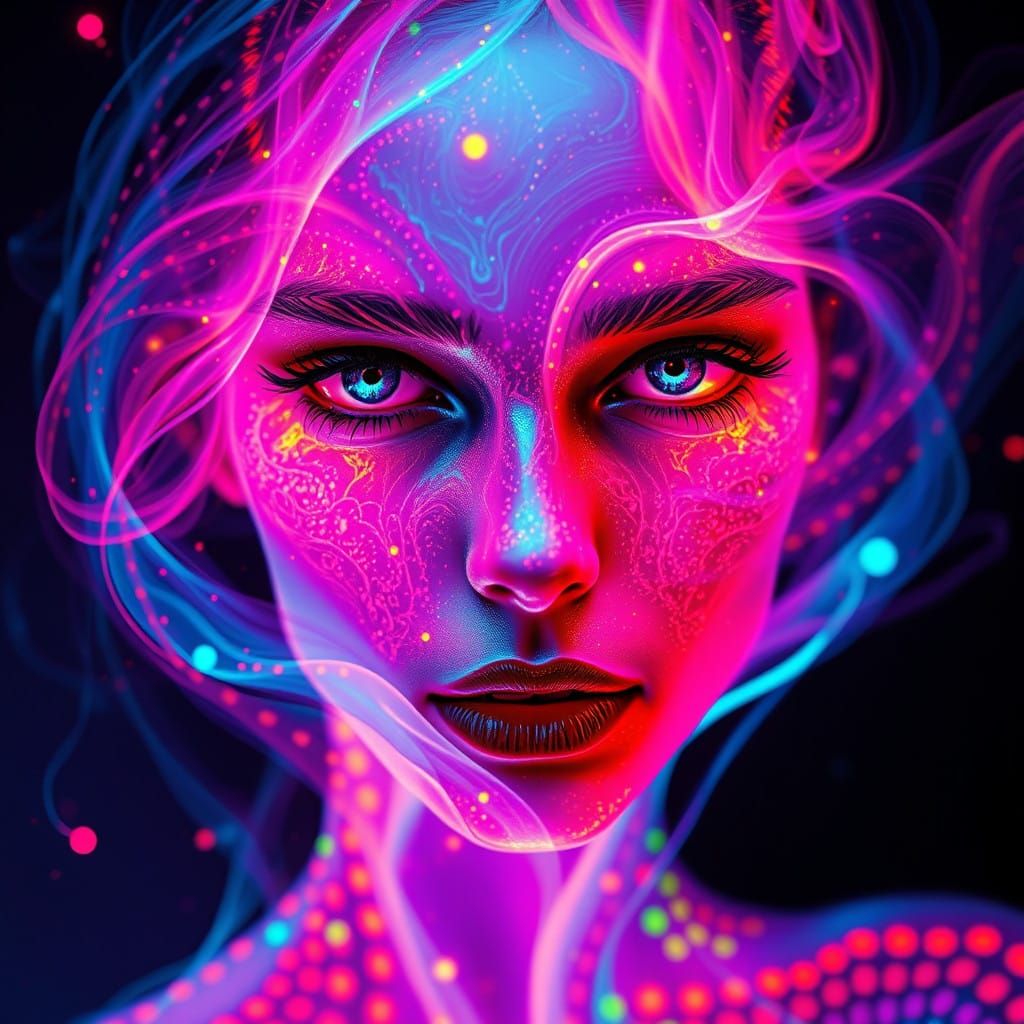 Vibrant Woman in Dreamlike Surrealism with Kaleidoscopic Pat...