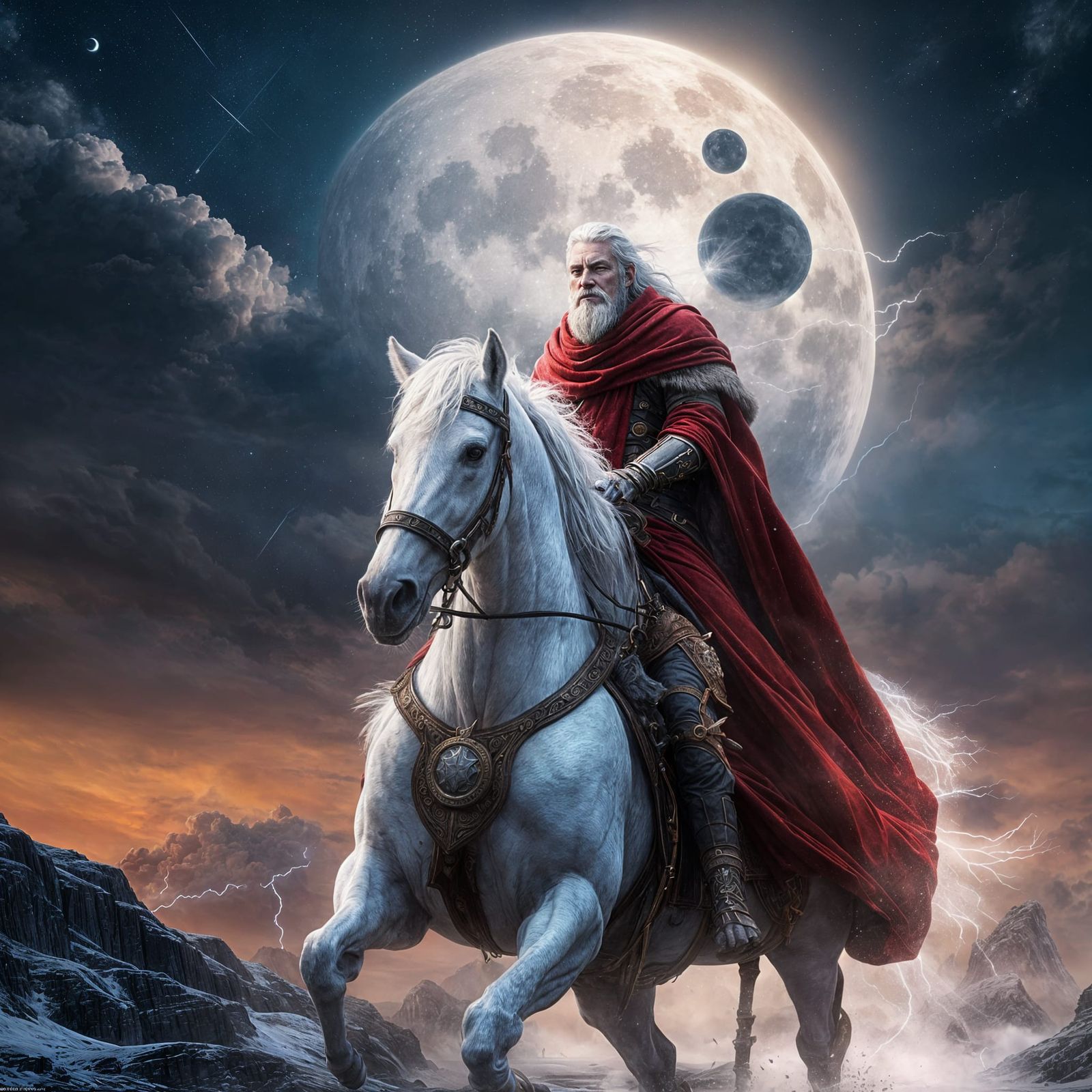 Druid on White Horse Under Magical Sky