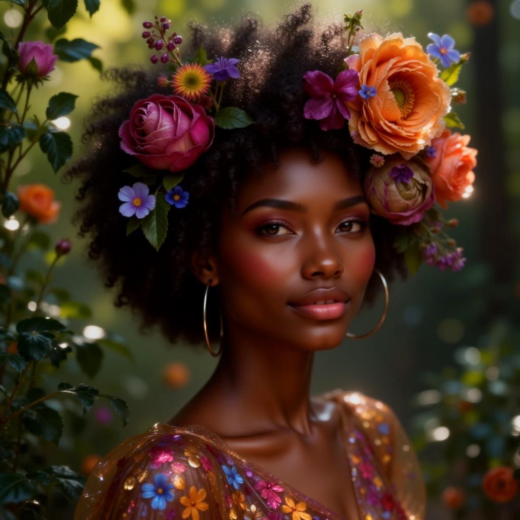 Dark-Skinned Woman with Vibrant Floral Afro Portrait