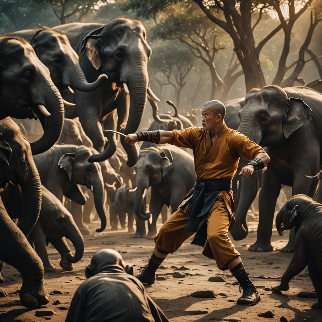 Epic Clash of Martial Arts Warriors Amidst Dark Elephants