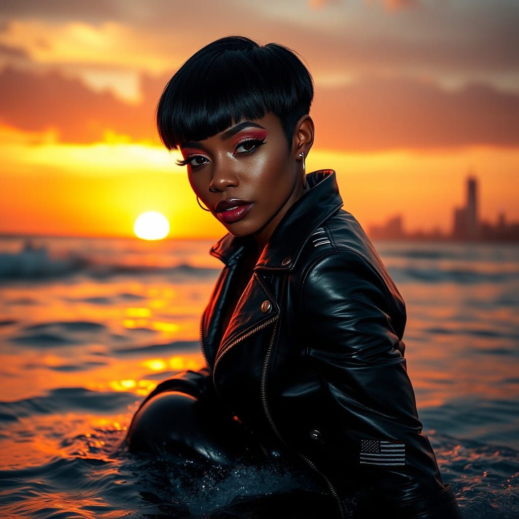 Cyberpunk Fashion: Woman in Leather at Sunset