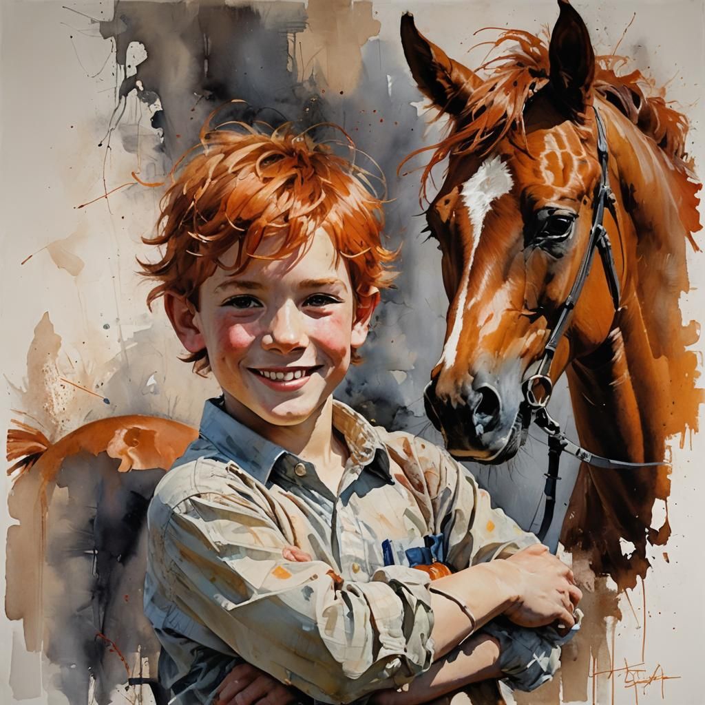 Boy and Chestnut Horse Portrait in Romantic Realism