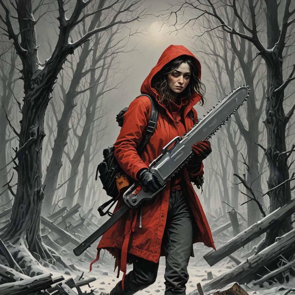 Woman with Chainsaw in Horror Illustration Style