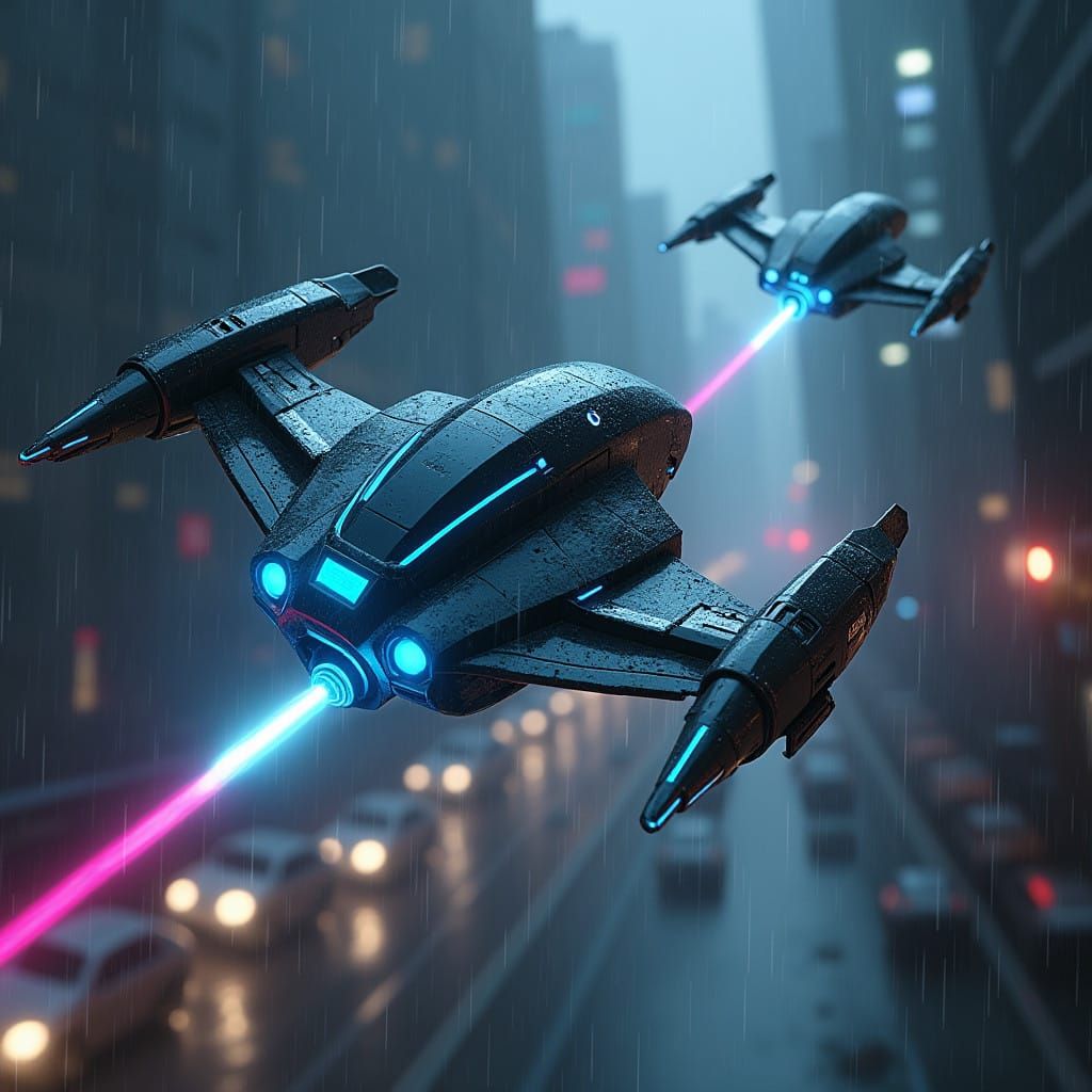 Cyberpunk Cityscape Battle: Laser-Beam Drones Engage in Futu...