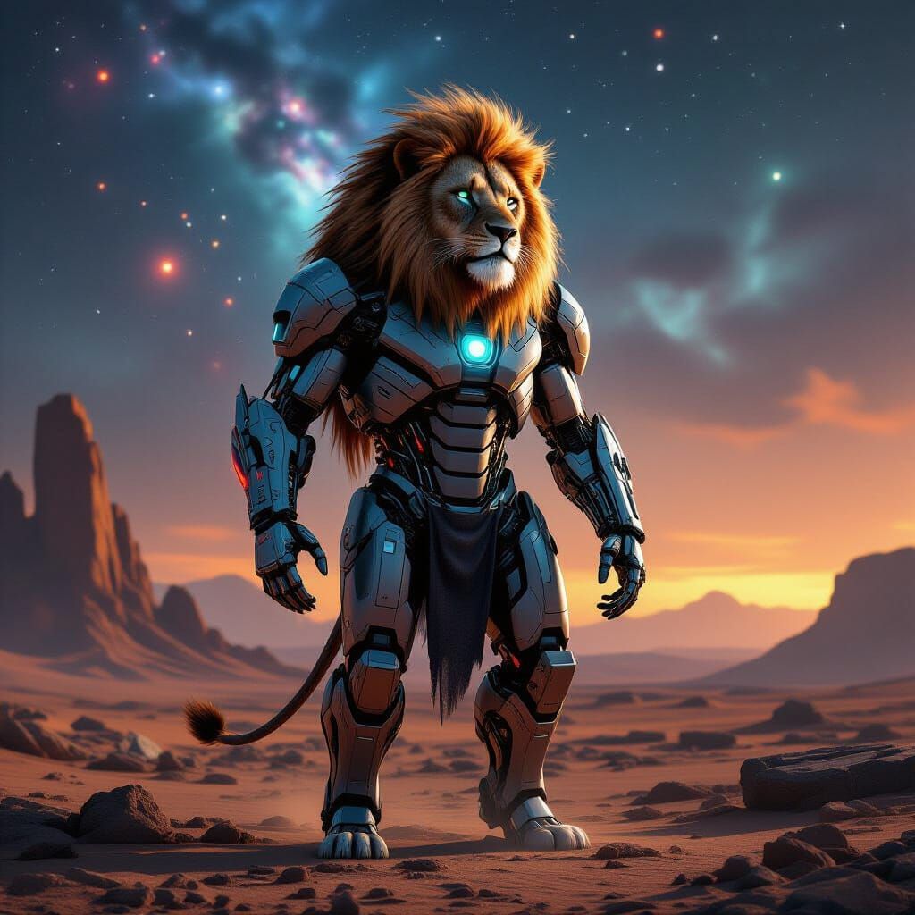 Cybernetic Lion on Alien Planet in Biomechanical Style