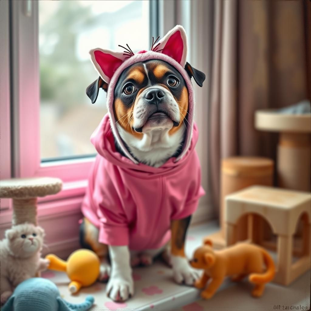 Dog in Cat Costume: Playful Oil Painting