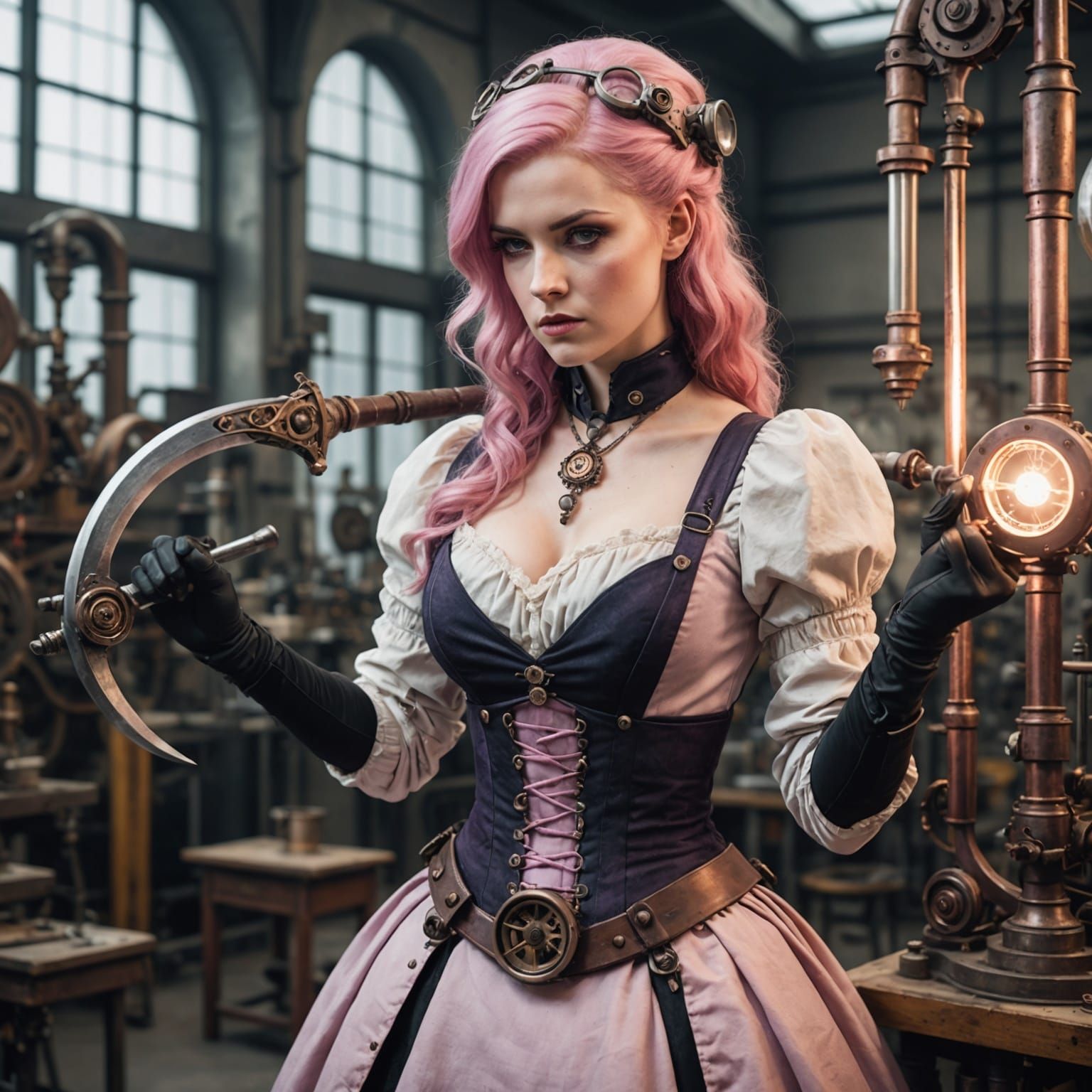 Pink-Haired Woman Repairs Scythe with Steampunk Engine
