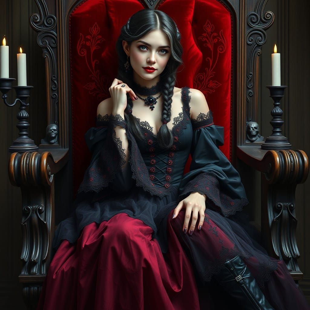 Surreal Gothic Queen in Deep Crimson and Raven Black Satin