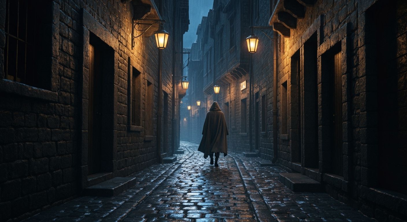 Mysterious Figure in Lantern-Lit Alleyway at Night