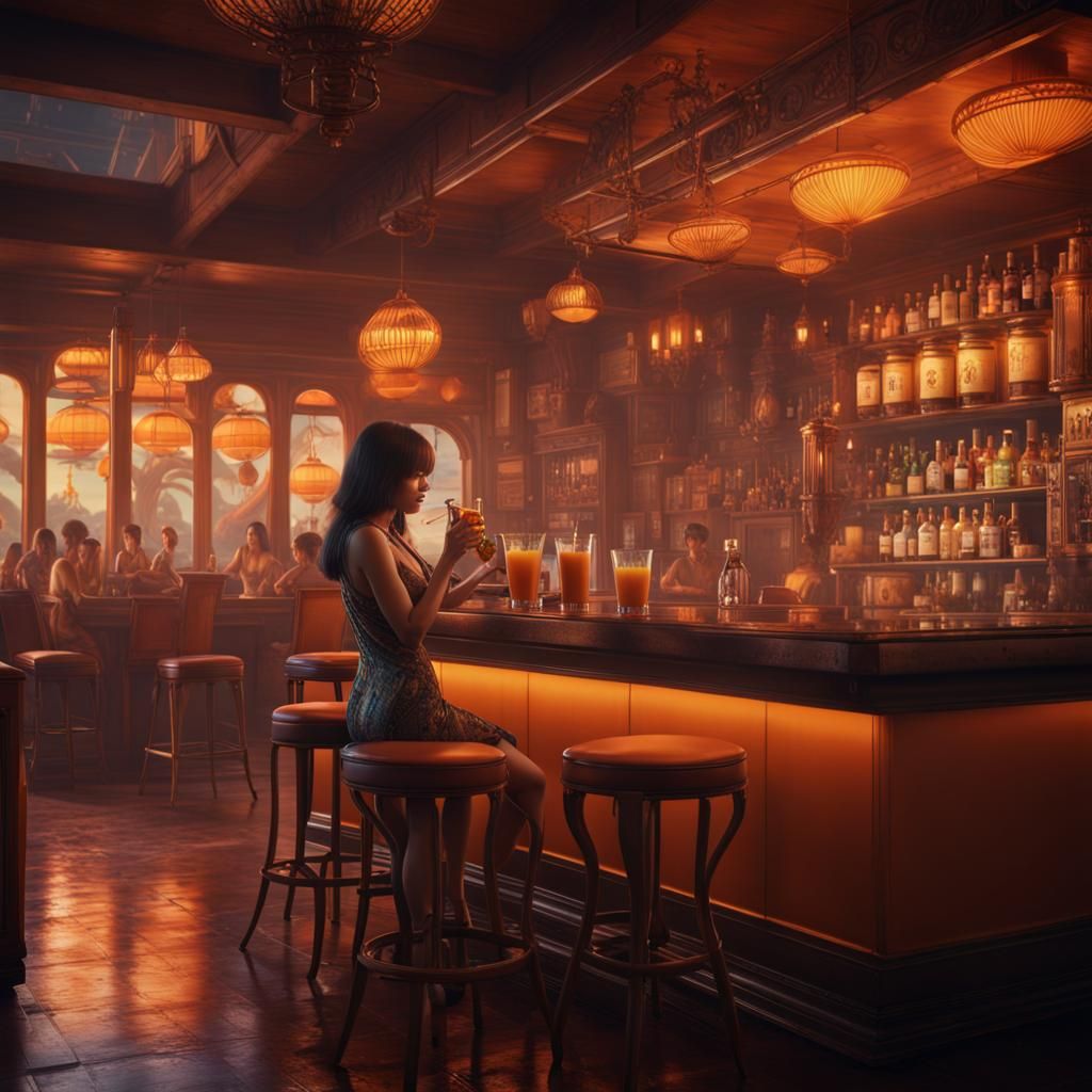1970s Los Angeles Bar Scene with Asian Woman