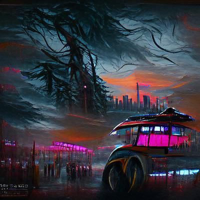 Cyberpunk City Sunset with Moonlit Forest