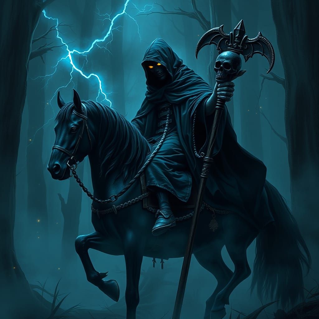 Grim Reaper on Black Horse in Foggy Wood