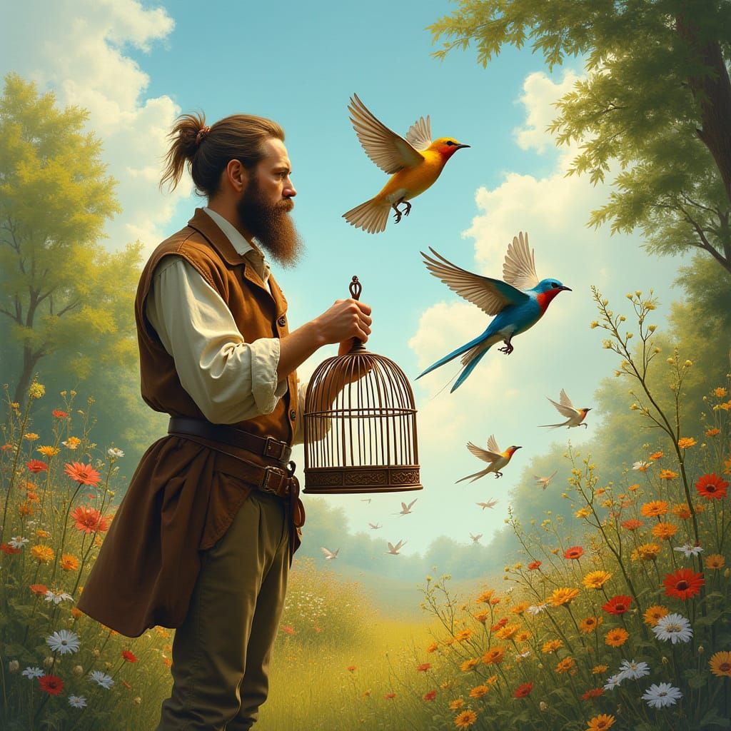 Man Releases Birds into Whimsical Garden