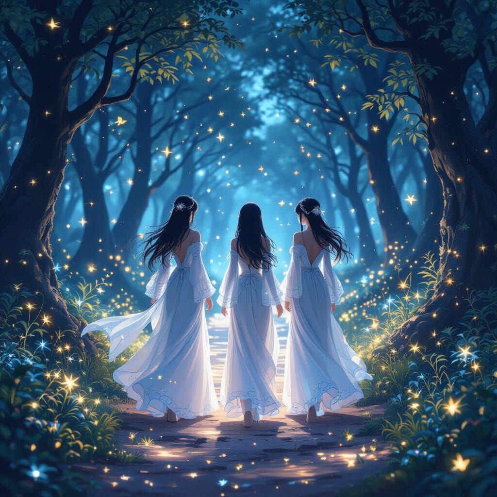 Ethereal Sisters Walk a Starlit Path in Anime Style