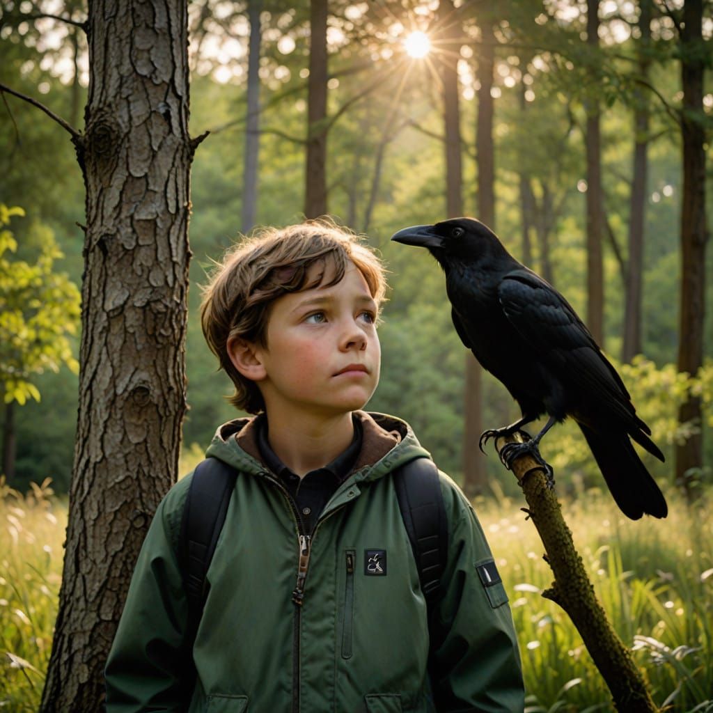 Boy Contemplating a Crow in a Serene Nature Scene