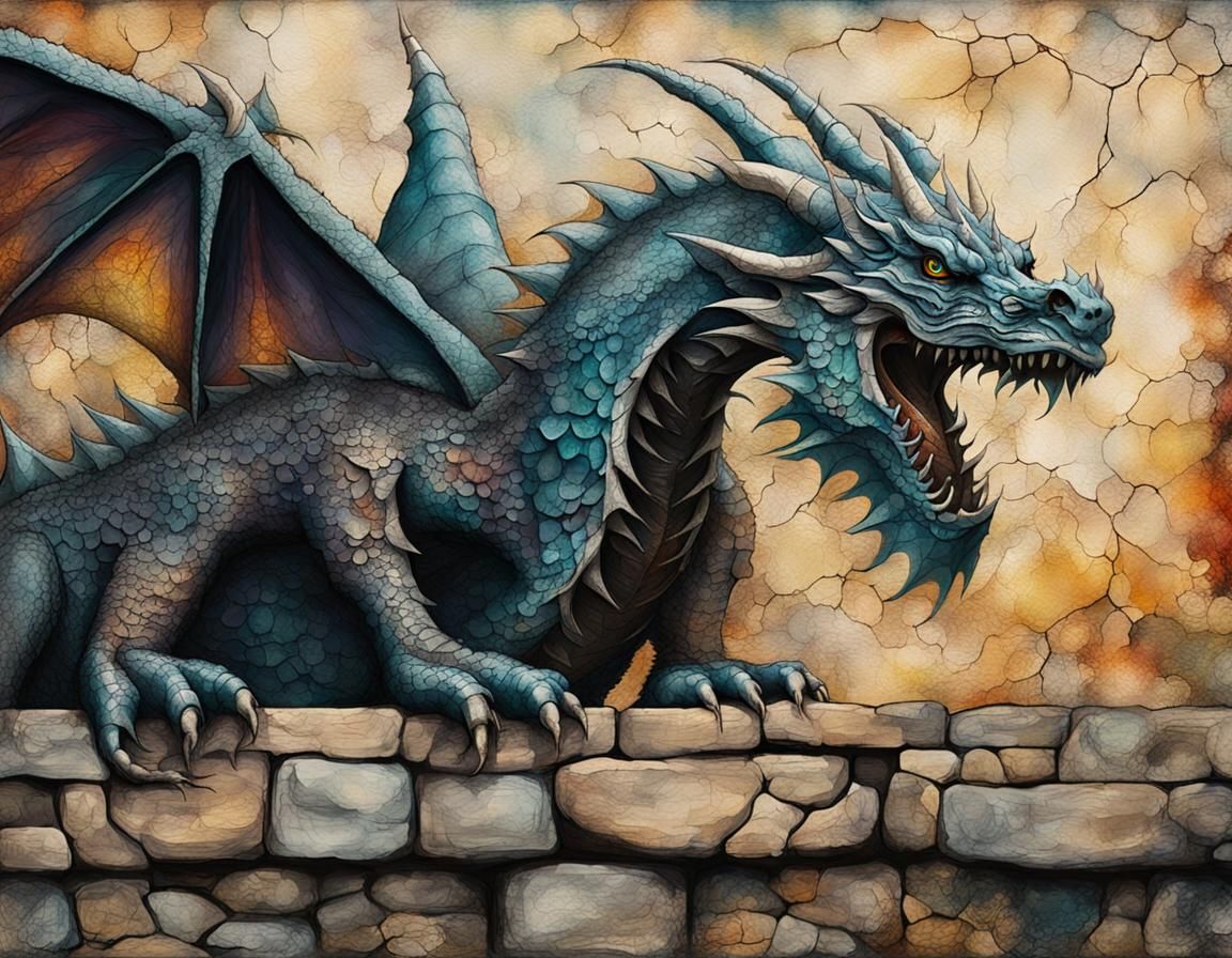 Terrifying Dragon on Stone Wall: Oil Paint and Ink