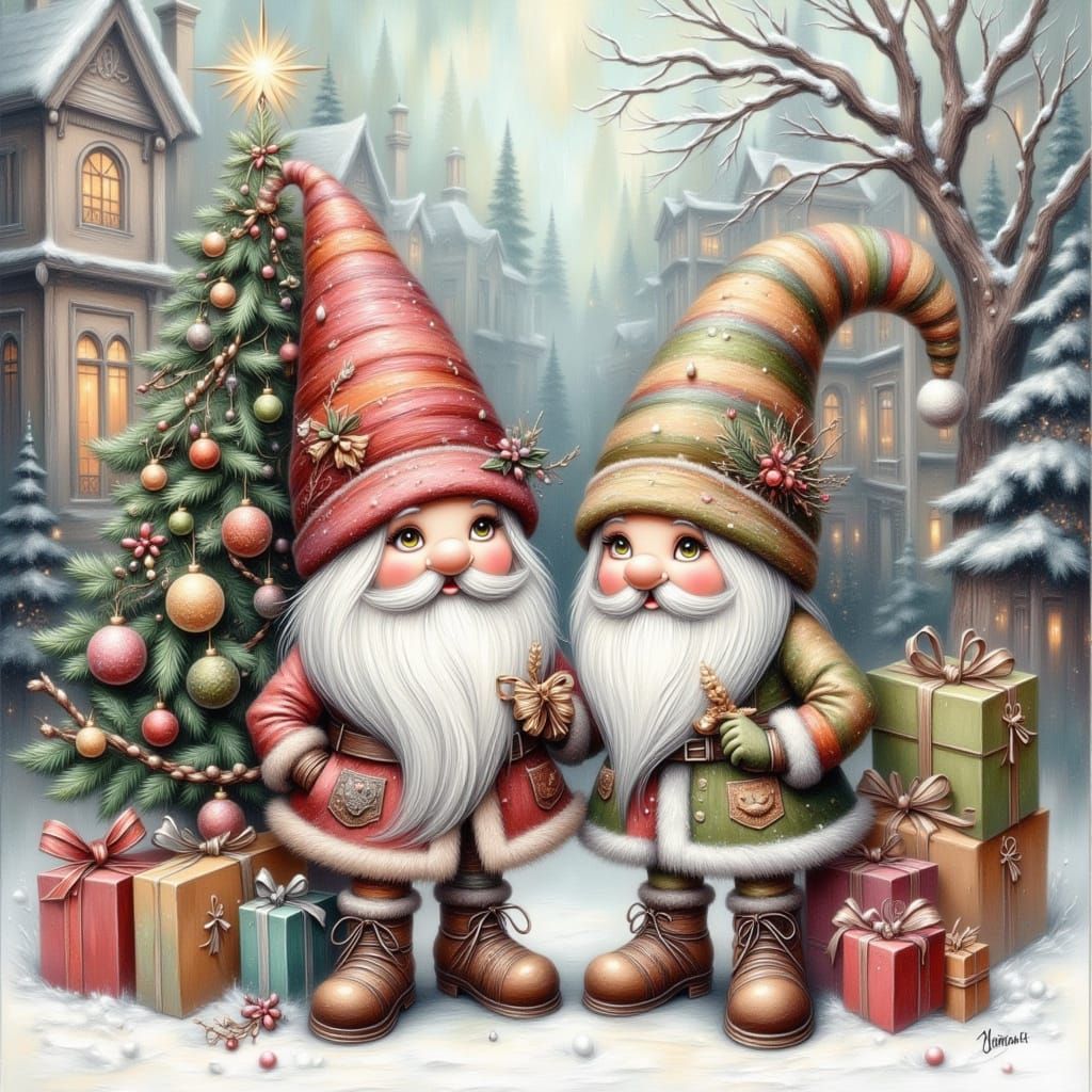 Festive Gnomes Decorating Christmas Tree in Watercolour