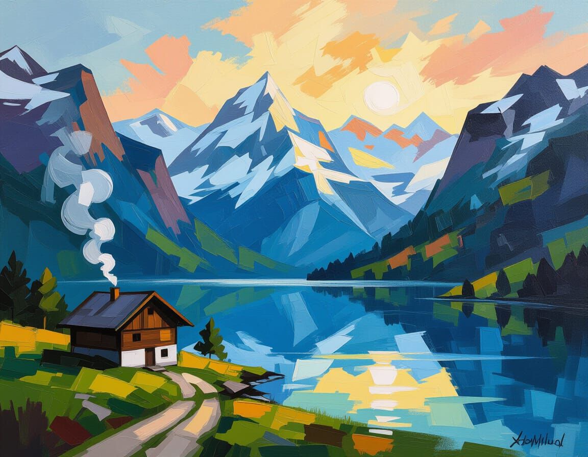 Impasto Oil Painting of a Serene Swiss Alps Valley at Dawn