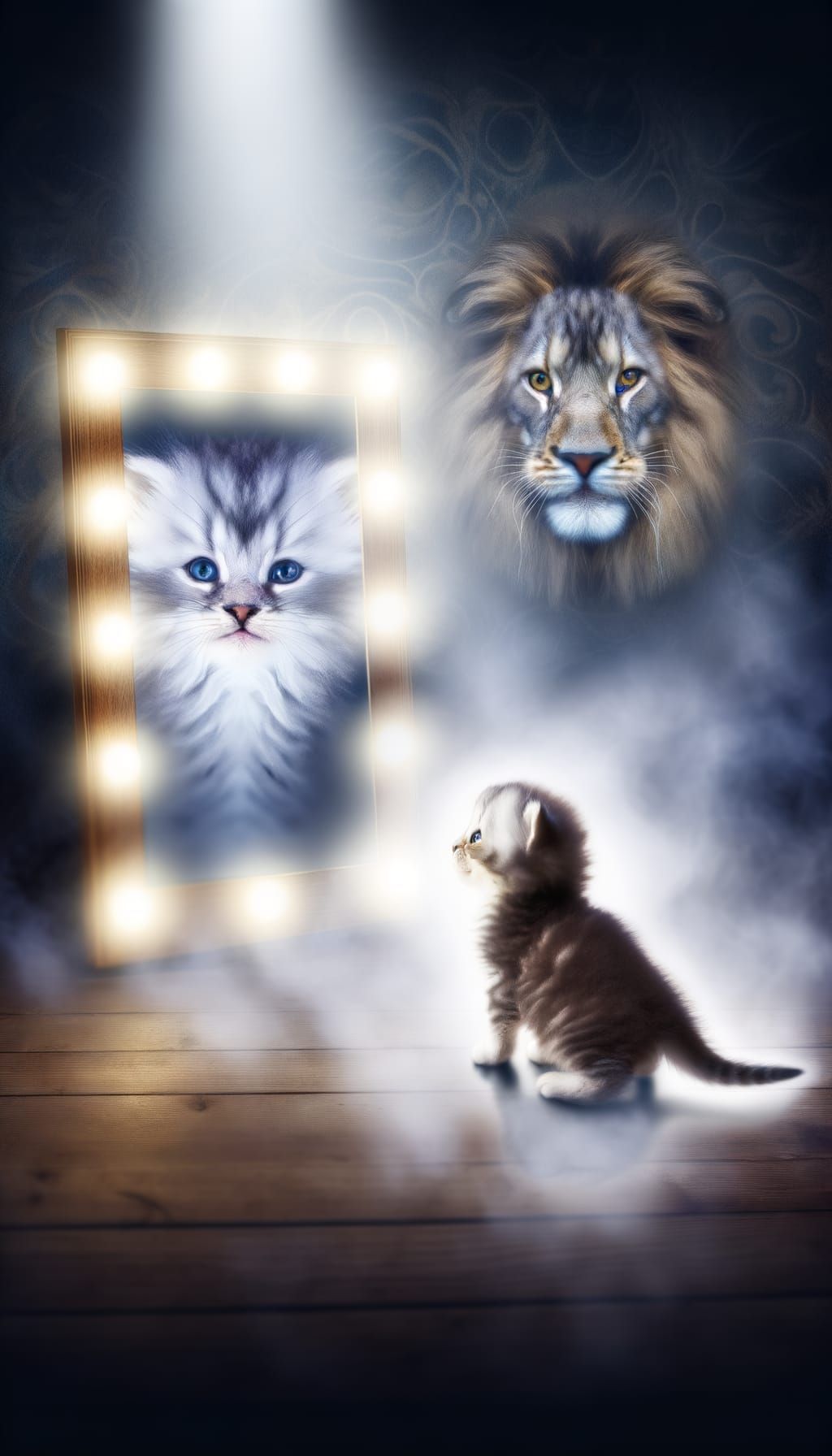 Kitten's Mirrored Lion: Inner Strength and Wisdom