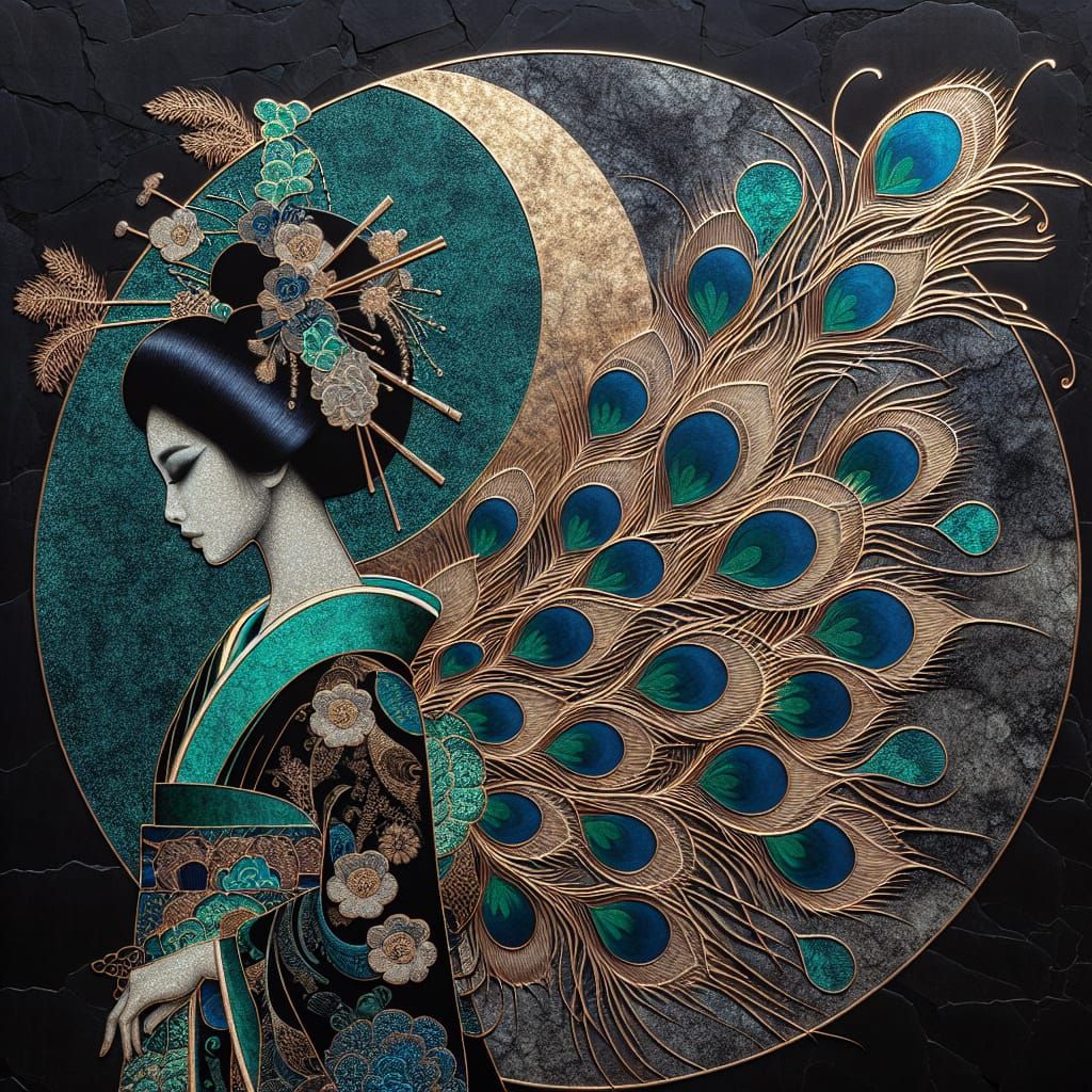 Asian Woman in Kimono with Peacock Feathers on Dark Stone Ba...