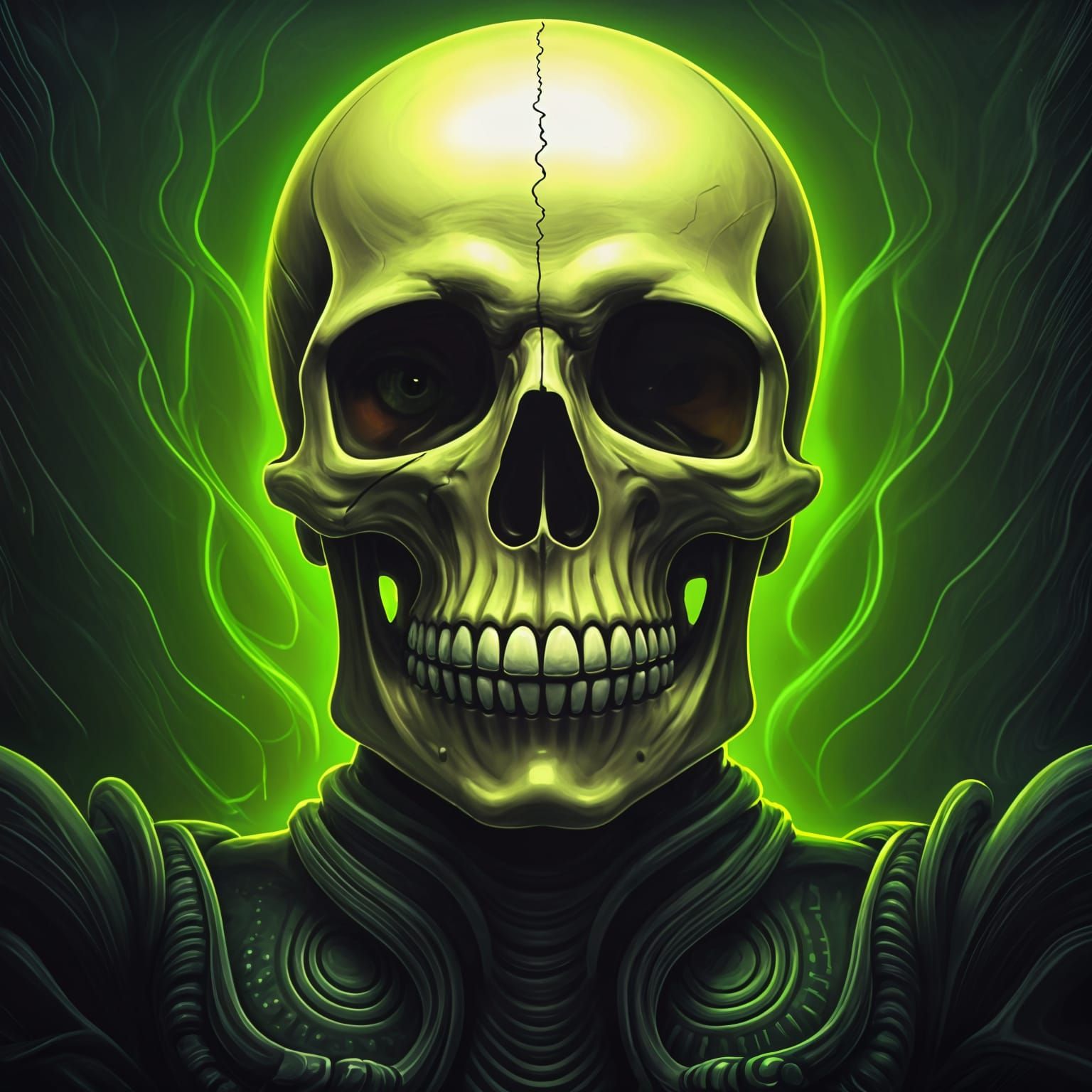 Ethereal Cosmic Skull in Neon Lime, a Holographic Vision