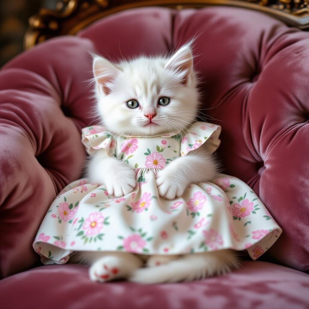 Kitten in Flowered Dress, Beatrix Potter Style