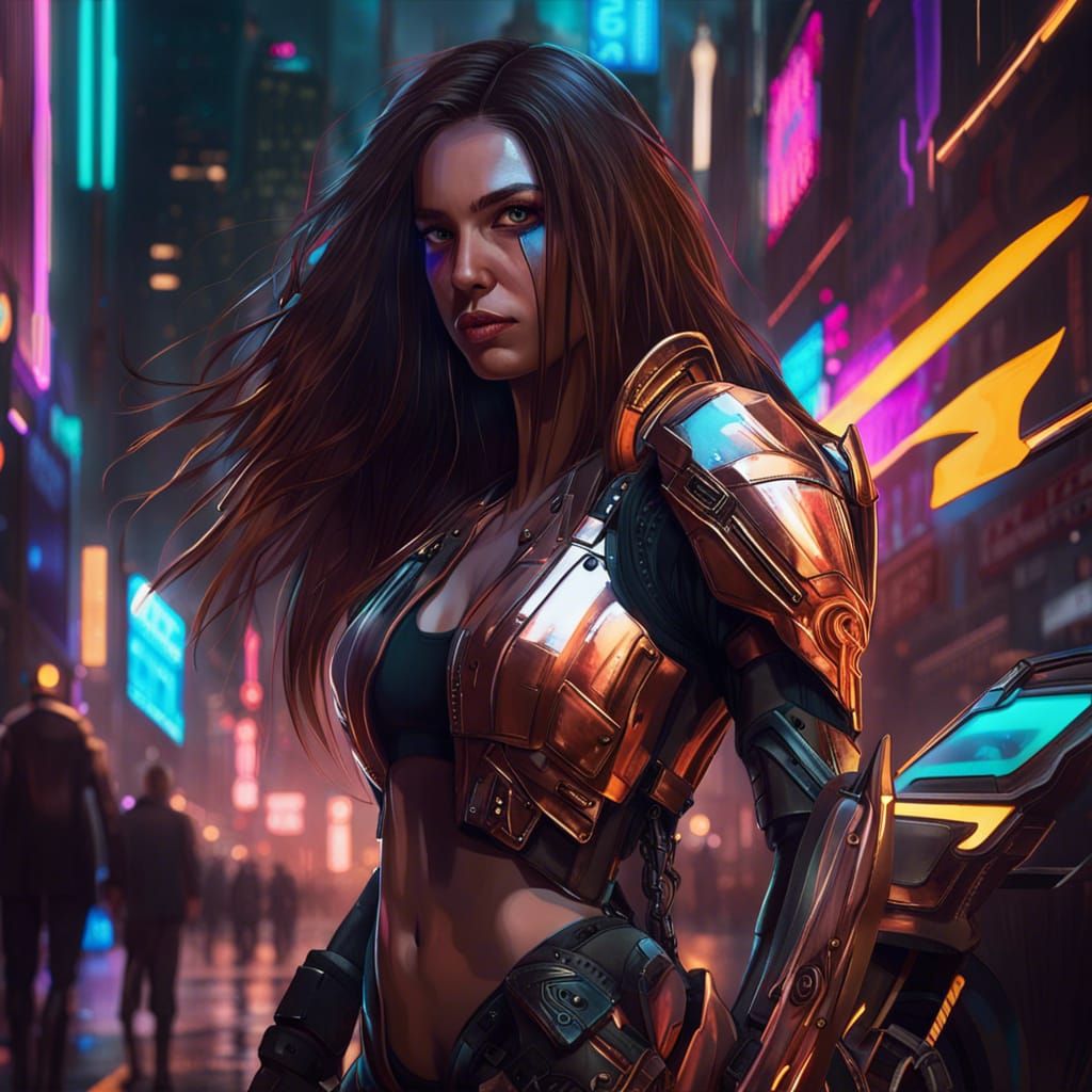 Cyberpunk Warrior in Neon Cityscape
