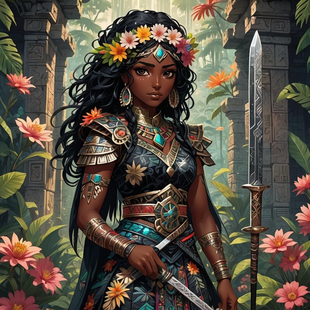 Anime Girl with Obsidian Sword in Mayan Ruins