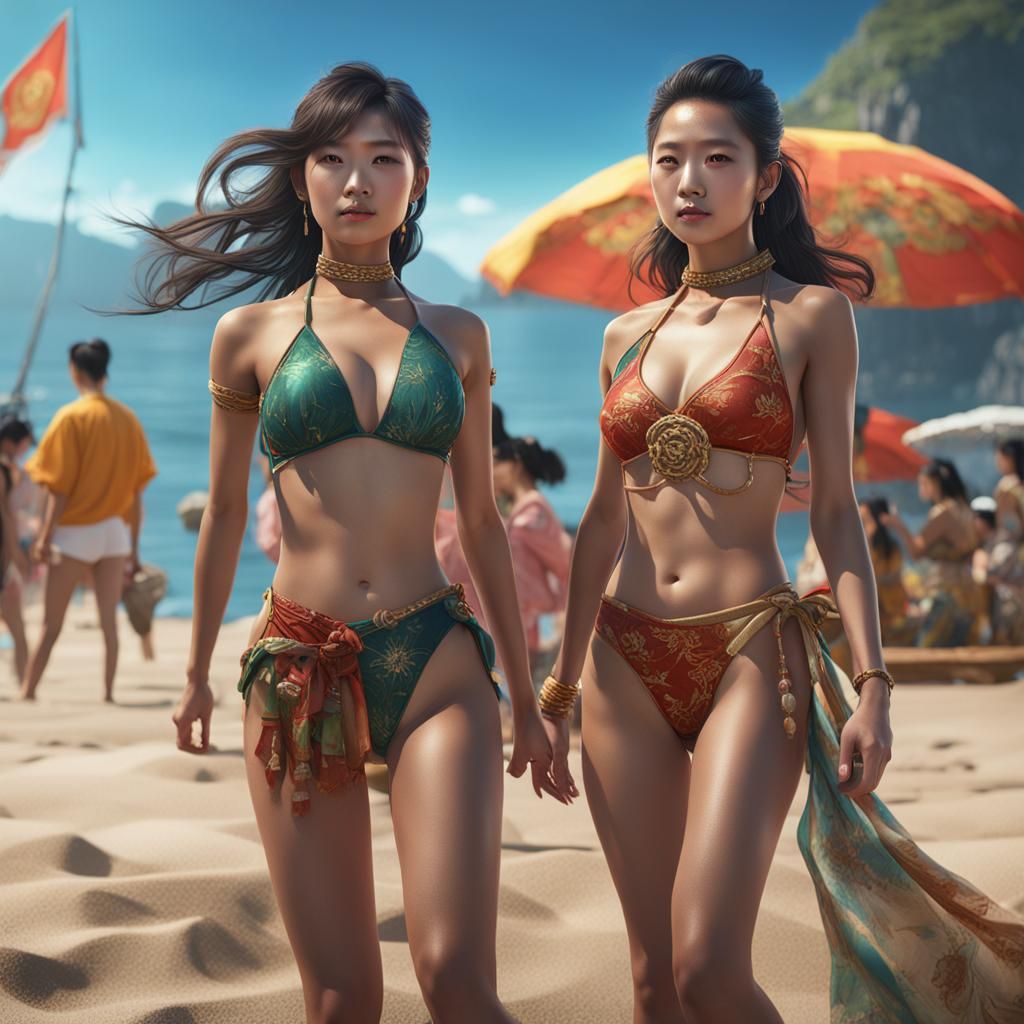 Diverse Women on Beach, Detailed Fantasy Art