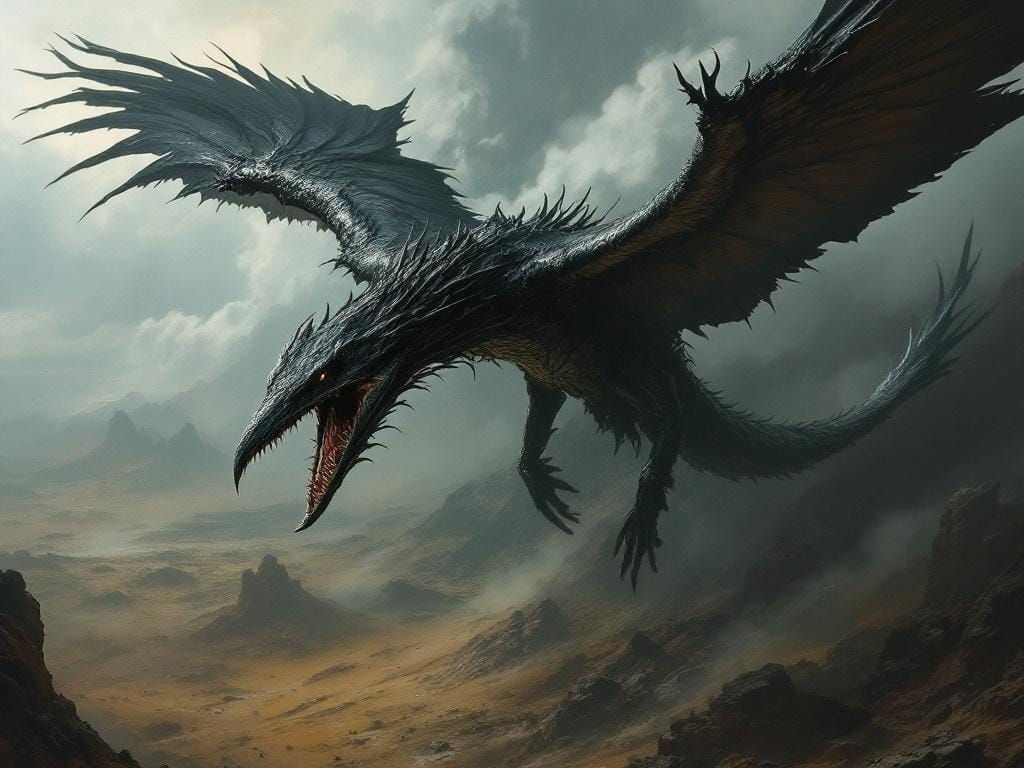 Horrific Black-Feathered Pterodactyl in Desolate Landscape