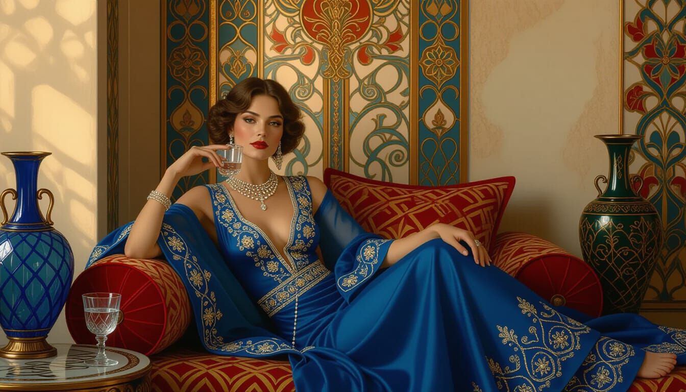 Elegant Woman Lounging in Art Nouveau Style