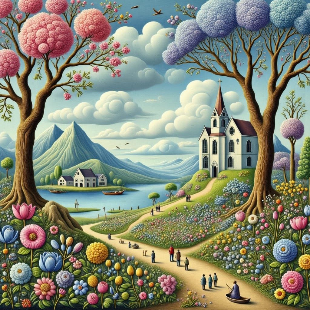 Whimsical Fantasy Landscape in Pastel Embroidery Style