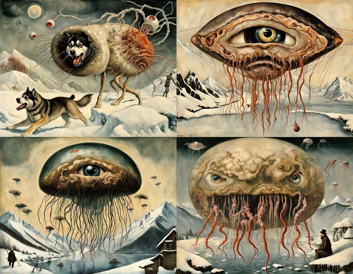 Cyberpunk Sci-Fi Hybrid Creature Emerging from Winter Storm