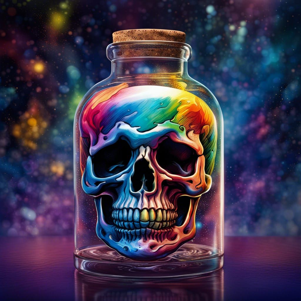Rainbow Skull Galaxy in Bottle: Hyperrealistic Splash Art